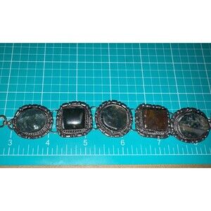 Vintage Polished Stone Silver Tone Boho Bracelet Made In India
